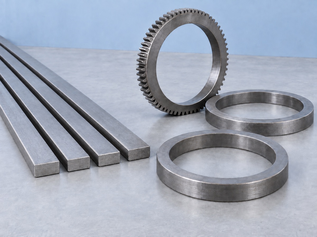 Technical illustration showing cold drawn flat steel strips, plain roll-formed ring blanks and a finished starter ring gear application